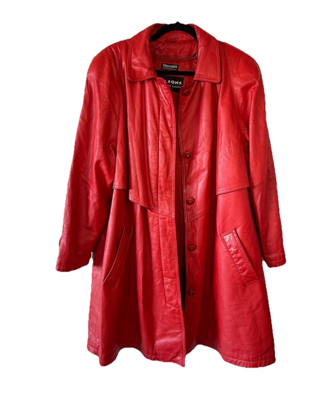 Vintage 80s/90s Red Leather Long Trench Coat XL Thinsulate Korea Mid-Length Boho